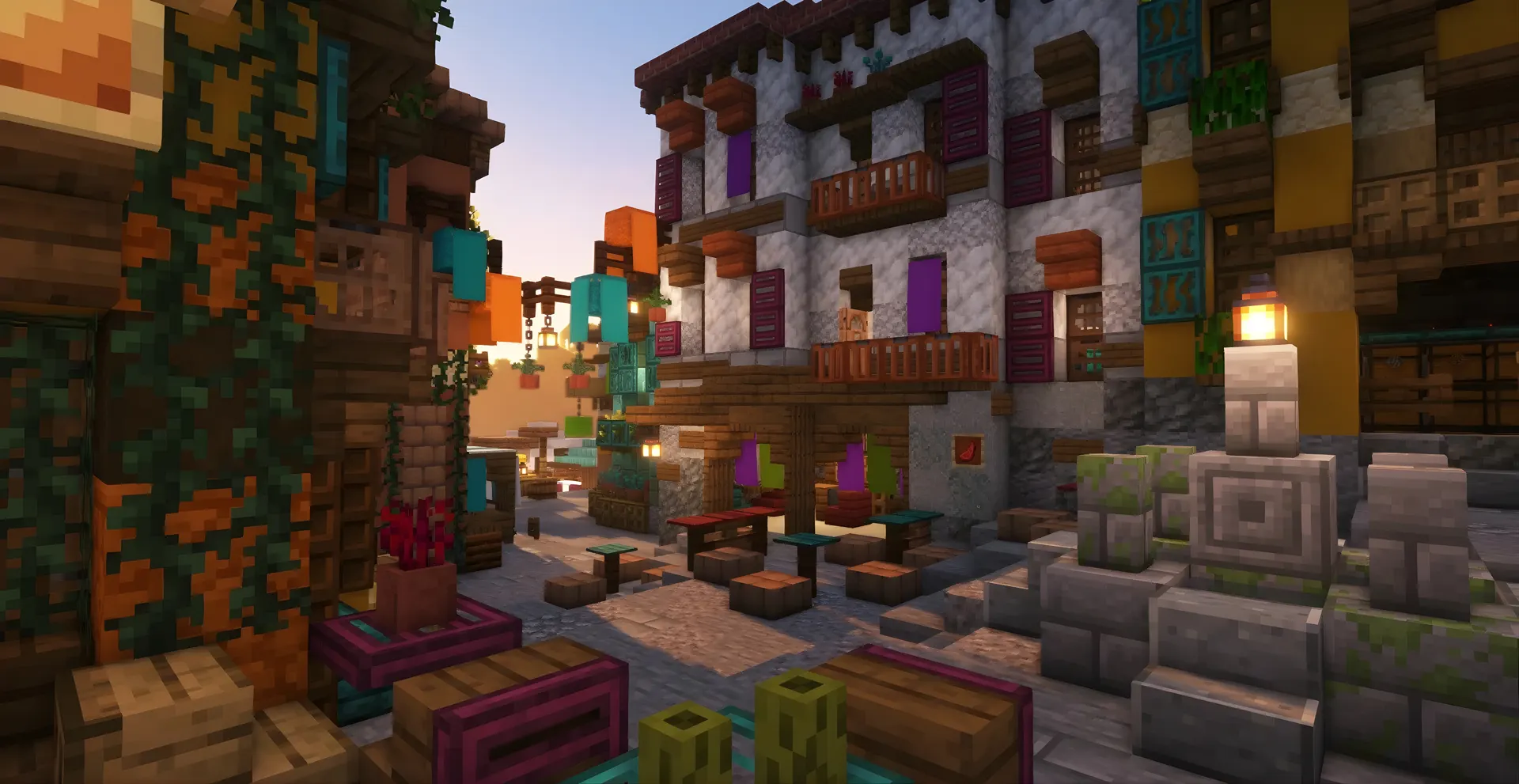 Habitat Codigoro: un vicolo con lanterne e tende colorate in Minecraft