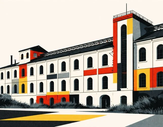 Illustrazione dell'ex zuccherificio in stile grafico
