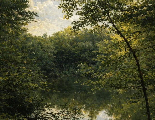 Dipinto del Bosco Spada tra alberi e specchi d'acqua