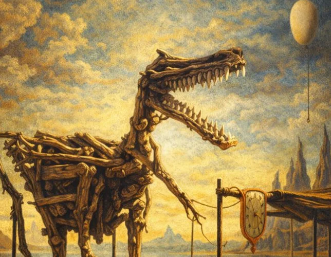 Dipinto di una grande scultura lignea nel Parco delle Sculture