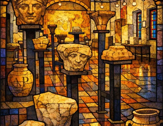 Dipinto dei reperti esposti nel Museo Pomposiano