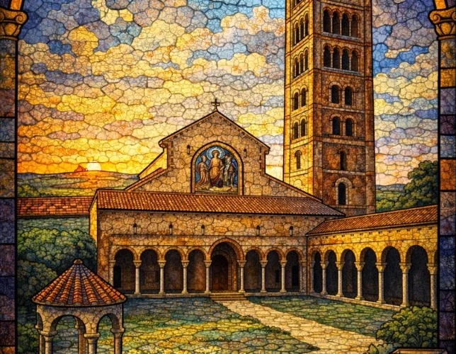 Mosaico dell'Abbazia di Pomposa con il campanile e il chiostro